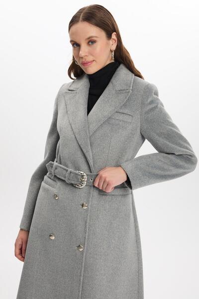 Zühre Double Breasted Collar Belt Detailed Stamp Gray Coat 13109