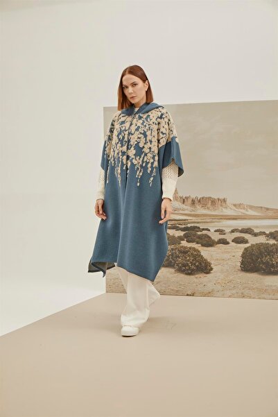 Uludağ Triko Kadın İndigo Taş Çiçek Desenli Panço