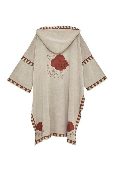 Uludağ Triko Women's Stone Stripe Tape Rose Pattern Hooded Poncho