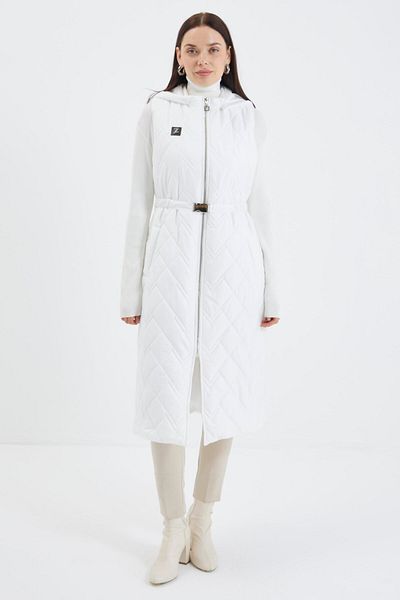 Zühre Hooded Long Quilted Ecru Puffer Vest Y-0060