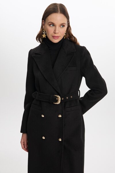 Zühre Double Breasted Collar Belt Detailed Black Coat 13109