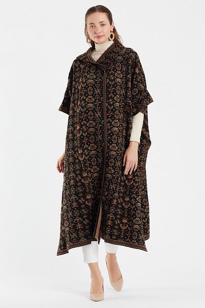 Uludağ Triko Silver Floral Pattern Hooded Poncho
