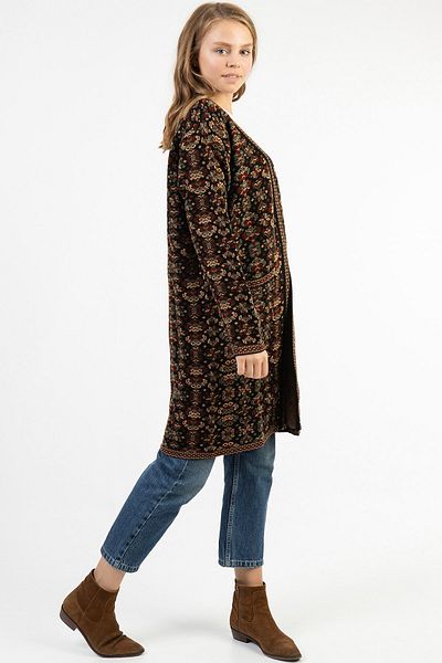 Uludağ Triko Cardigan Kilim pentru femei de culoare argintie cu model de flori - buzunar lung