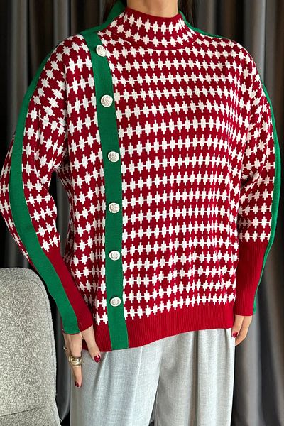 GÜLSELİ Red Women's Half Turtleneck Button Detailed Knitwear Sweater