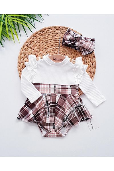 Jammybaby Plaid Print Shoulder Ruffled 100% Cotton Camisole Dress and Bandana Set for Baby Girl