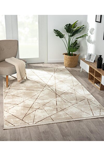 Karmen Halı Tokyo 1753 Bej Halı Kahverengi Detaylı Geometrik Desen Modern Akr...
