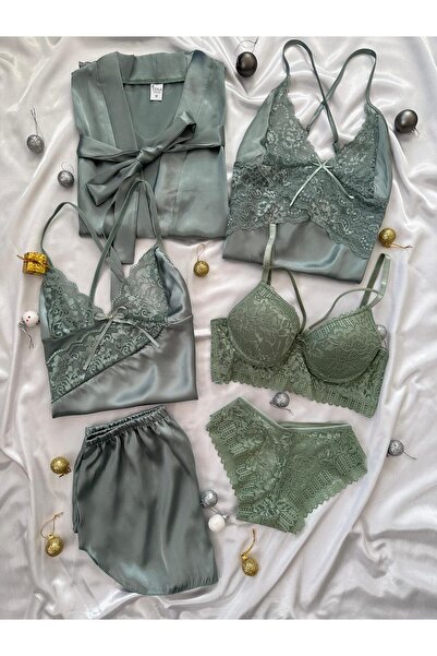 Lena Homewears Kadın Çağla Saten Vanessa Gecelik Sabahlık Çeyiz Seti