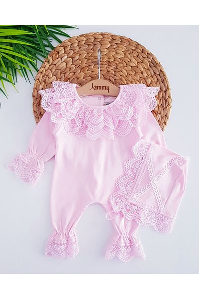 Jammybaby Laura Guipure Lace Romper and Hat 100% Cotton Combed Baby Girl Set - Newborn Mevlüt Hospital Outlet