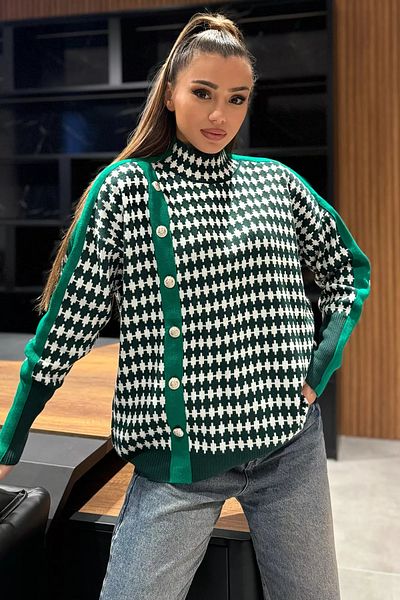 GÜLSELİ Emerald Green Women's Half Turtleneck Button Detailed Knitwear Sweater
