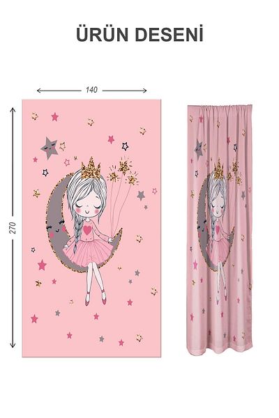 Doruklar Home Collection Digital Printing Washable Moon Girl Pattern 2 Wings Baby and Children's Room Background Curtain