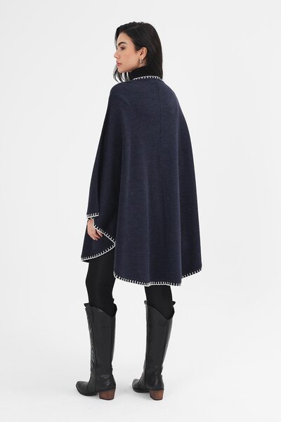Uludağ Triko Kadın Lacivert Çoban Dikişli Triko Panço