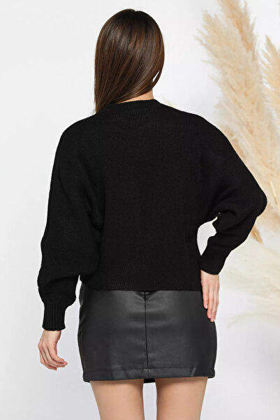 GÜLSELİ Black Women's Crew Neck Bat Sleeve Knitted Knitwear Blouse