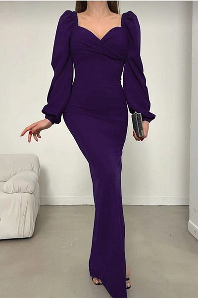 vuvutasarım Νέα σεζόν Heart Collar Crepe Stretchy Fabric Slit Λεπτομερές Maxi βραδινό φόρεμα 582732