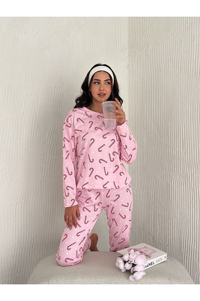 BE CHİC Women's Pink Comfortable Cotton Long Sleeve Pajamas Set with Candy Pattern - Hn1000