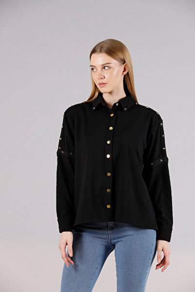 Miss Allos قميص نسائي ذو تفاصيل أساسية وإغلاق أمامي