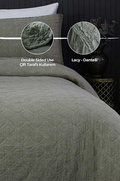 Evlen Home Collection 100% Cotton Double Pique Set Special Stone Washed Bedspread Barbara 3 Piece Luxury Soft Green