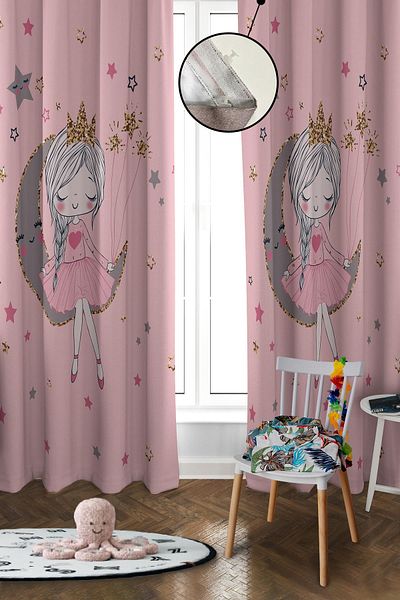 Doruklar Home Collection Digital Printing Washable Moon Girl Pattern 2 Wings Baby and Children's Room Background Curtain