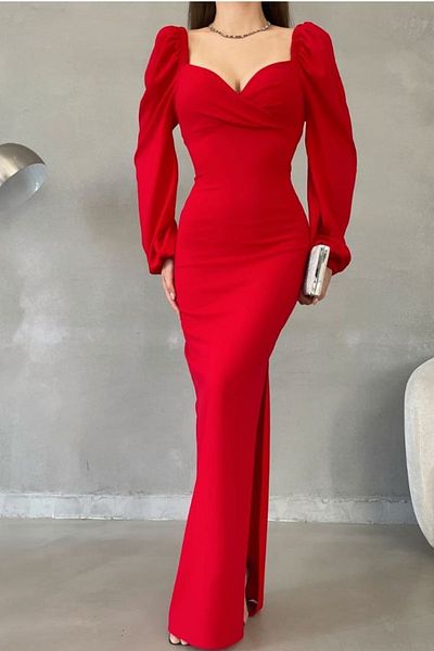 vuvutasarım Νέα σεζόν Heart Collar Crepe Stretchy Fabric Slit Λεπτομερές Maxi βραδινό φόρεμα 582732