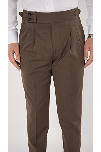 LONATOLİA Men's Regular Fit High Waist Pleated Buckle Fabric Pants-Milk Coffee