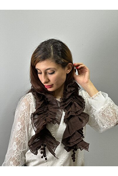 Gönülden Tasarım Brown 90X15 Women's Scarf Clothing Accessory with Pompom and Ruffles