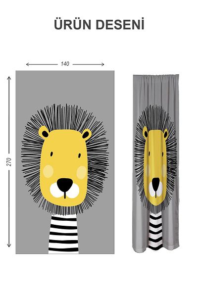 Doruklar Home Collection Digital Printing Washable Lion Pattern 2 Wings Baby and Children's Room Background Curtain