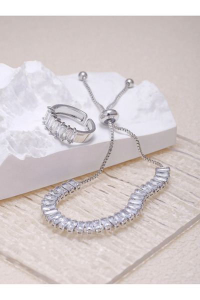 SE Jewellery Gümüş Baget Su Yolu Şık Asansörlü Bileklik Yüzük Seti