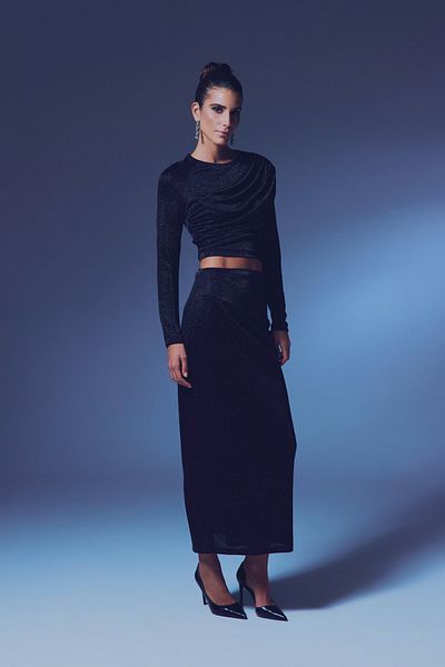 Sateen Black Silvery Midi Size Skirt