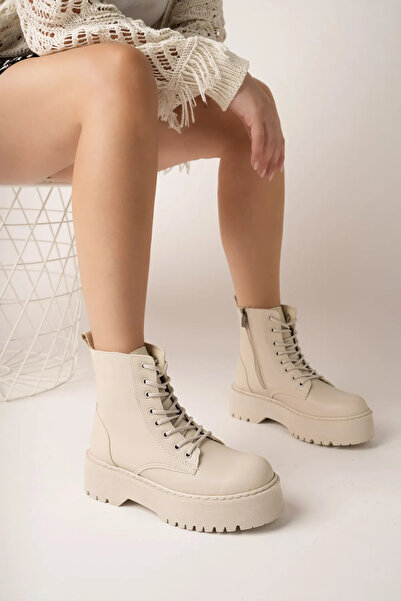 Ayakkabium Ghete de damă impermeabile cu fermoar și șireturi cu toc gros KİROX