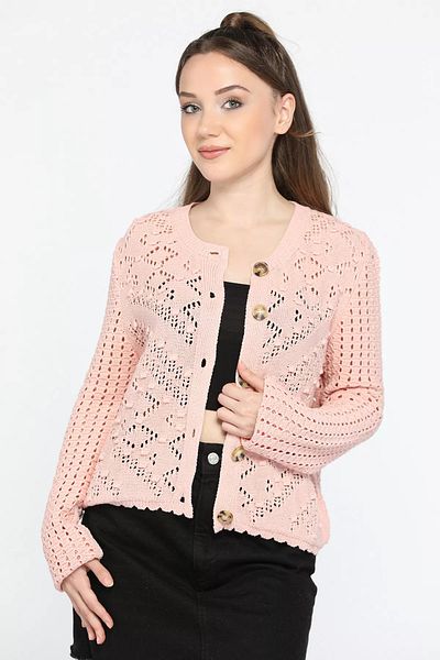 GÜLSELİ Openwork Embossed Patterned Powder Knitwear Women's Cardigan - Front Buttoned