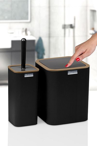 Okyanus Home Mina Due Μαύρο ριγέ τετράγωνο σετ 2 τεμαχίων WC κουβάς και πινέλο