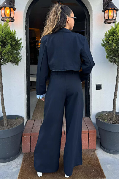 GÜLSELİ Navy Blue Women's Crop Top Jacket Pants Double Set