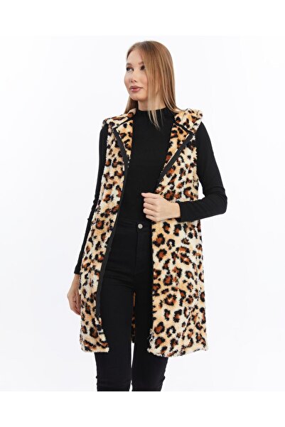 NURSEY FABRİC Peluş Kapşonlu Uzun Yelek