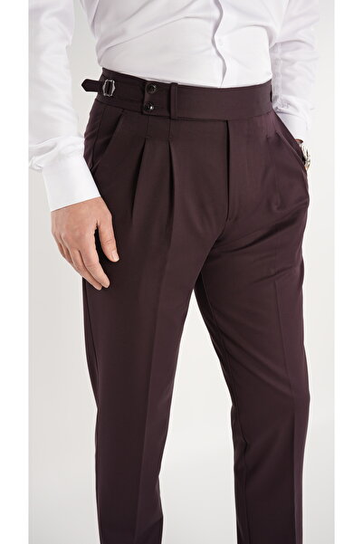 LONATOLİA Erkek Regular Fit Yüksek Bel Piliseli Tokalı Kumaş Pantolon-Bordo