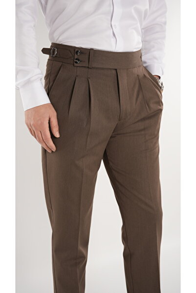 LONATOLİA Men's Regular Fit High Waist Pleated Buckle Fabric Pants-Milk Coffee