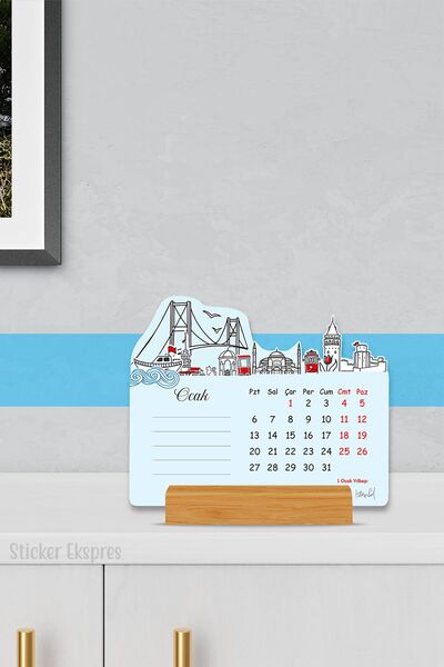 Sticker Ekspres 2026 İstanbul Temalı Ahşap Ayaklı Özel Tasarım Takvim, 2026 Masa Takvimi Yılbaşı Yeni Yıl Hediyesi