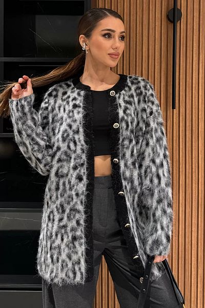 GÜLSELİ Black and Gray Women's Leopard Decorated Sweater Cardigan