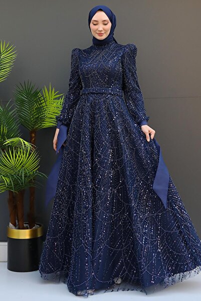 GİYZAMİLA Selver Hijab Evening Dress Navy Blue