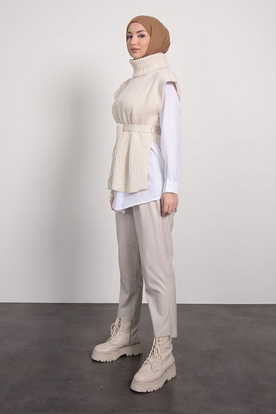 Tesettür Diyarı Turtleneck Belt Detailed Hijab Sweater
