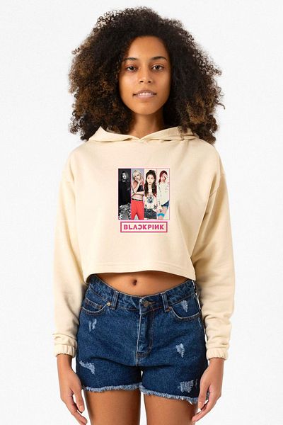 Tshirthane Beige Women's Crop Hoodie - Black Pink Band
