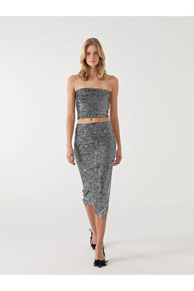 LC Waikiki Xside Gray Strapless Collar Sequined Women's Crop