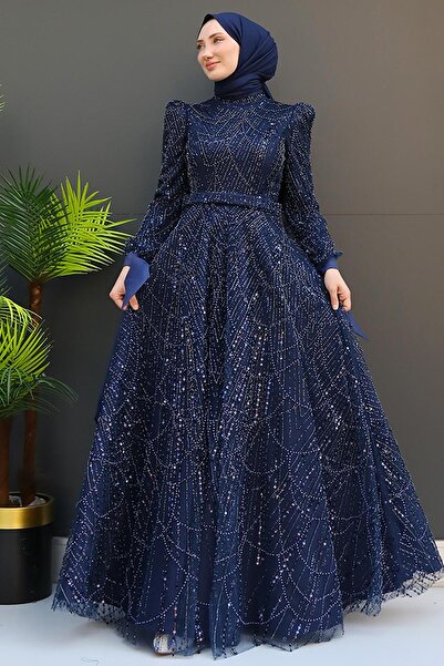 GİYZAMİLA Selver Hijab Evening Dress Navy Blue