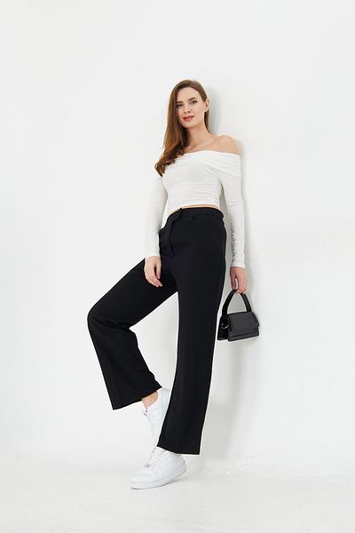 Kutaf Black Wide Leg Wide Leg Velcro Closure Pleat Detail High Waist Woven Fabric Pants