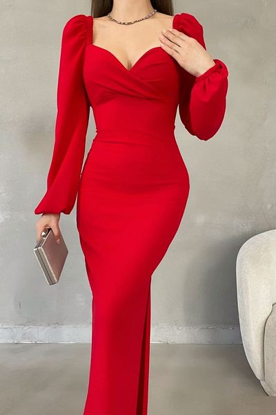 vuvutasarım Νέα σεζόν Heart Collar Crepe Stretchy Fabric Slit Λεπτομερές Maxi βραδινό φόρεμα 582732