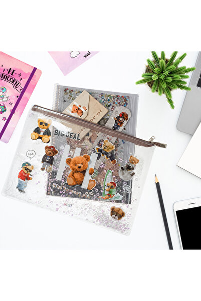 VUKİ Ayı Simli ve Sulu Fermuarlı Şeffaf A4 Dosya