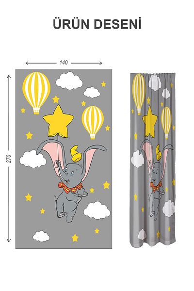 Doruklar Home Collection Digital Printing Washable Elephant Pattern 2 Wings Baby and Children's Room Background Curtain