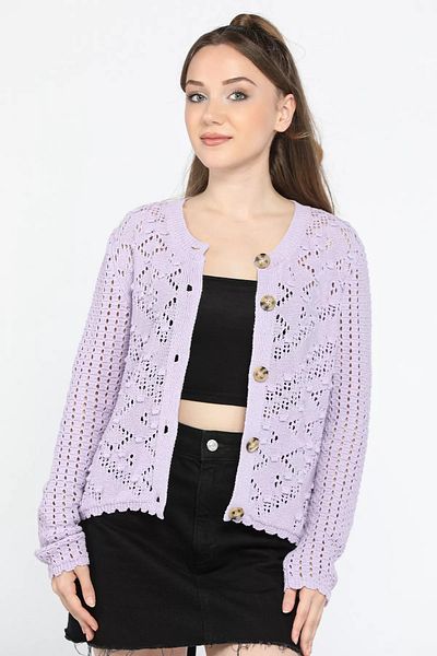 GÜLSELİ Lilac Openwork Patterned Women's Knitwear Cardigan - Front Buttoned