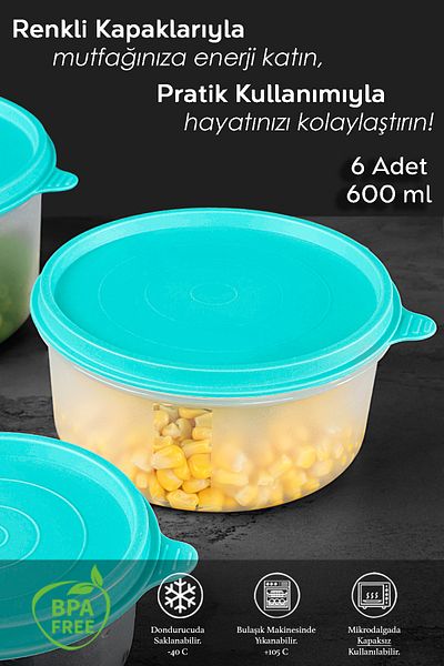 Meleni Home Colorful Round Food Storage Set of 6 - Food Container, 6X600Ml Organizer Organizer