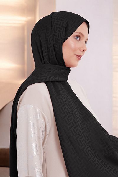 ihvanonline Hijab Μπλε Ζακάρ Σχέδιο Ορθογώνιο Γυναικείο Σάλι - Μαύρο
