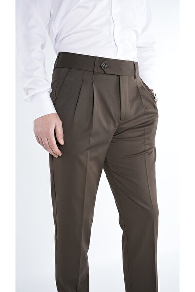 LONATOLİA Erkek Regular Fit Yüksek Bel Piliseli Tokalı Kumaş Pantolon-Haki