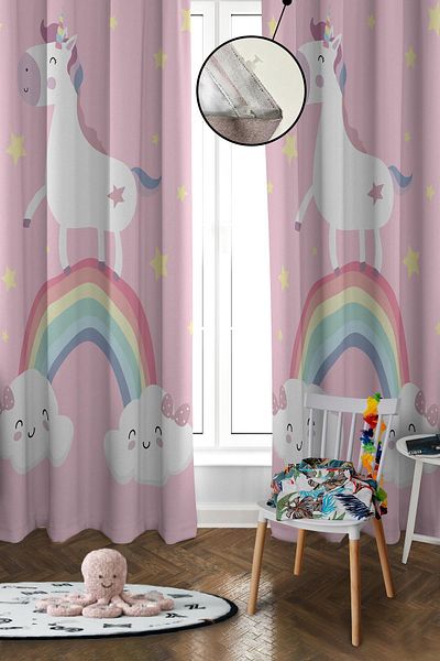 Doruklar Home Collection Digital Printing Washable Unicorn Pattern 2 Wings Baby and Children's Room Background Curtain